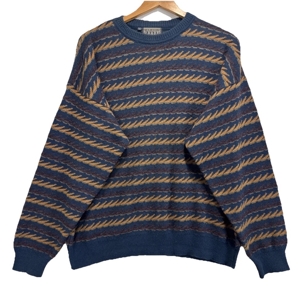 VTG Sansabelt Sport Striped Wool Blend Sweater Mens L Blue‎ Brown Geometric Knit